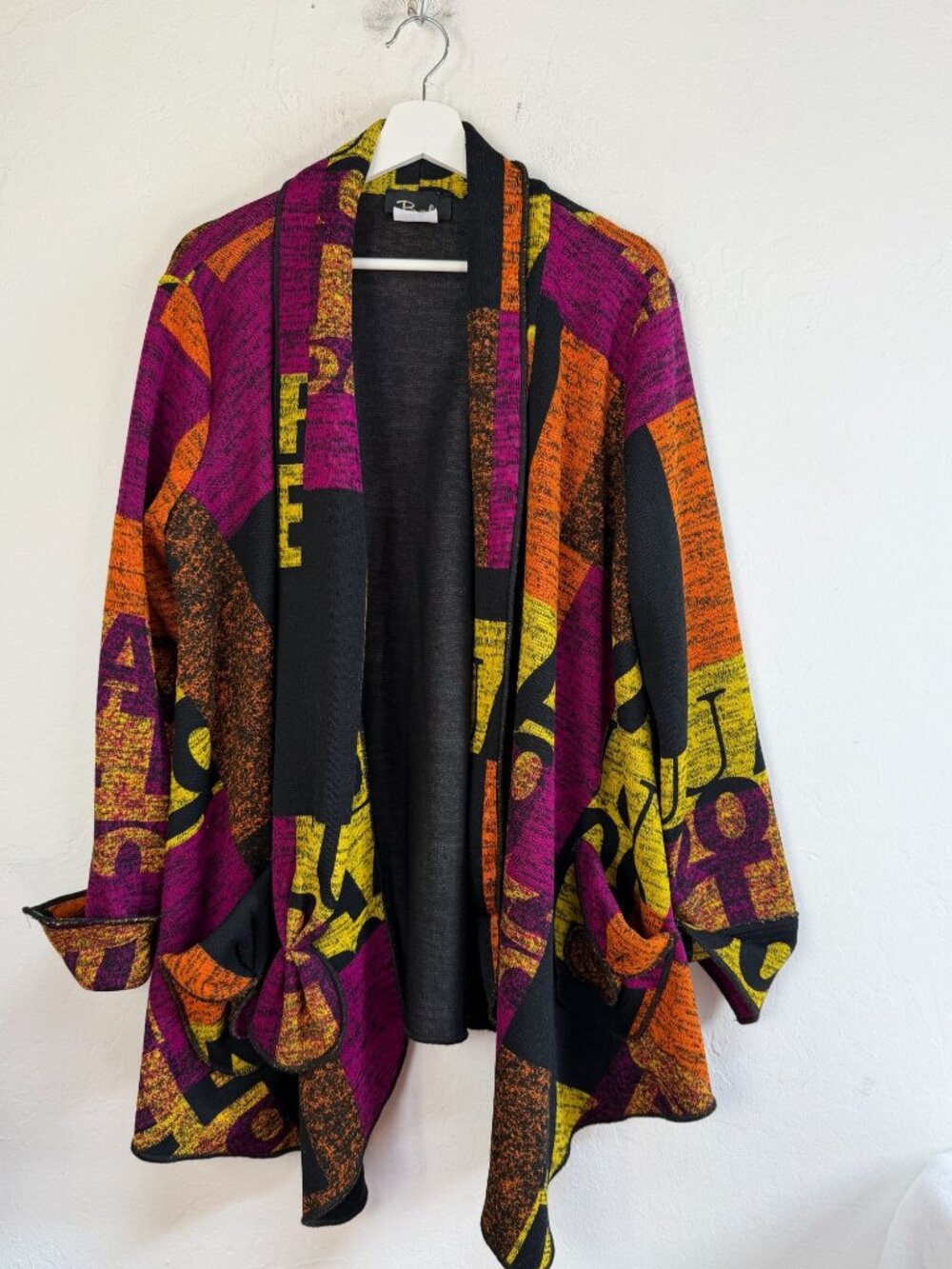 Bali Multicolor Newsprint Letter Print Draped Open Cardigan Jacket One Size